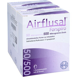 Abbildung: Airflusal Forspiro 50 / 500 µg / Dosis 60 Hub Inh.-P. 3 St, Inhalationspulver PZN 09121863