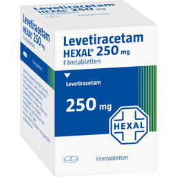 Abbildung: Levetiracetam Hexal 250 mg Filmtabletten 50 St, Filmtabletten PZN 09123164