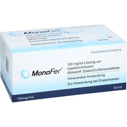 Abbildung: Monofer 100 mg / ml Lösung z.Injektion / Infus.Durchst.F. 5X1 ml, Injektions-/Infusionslösung PZN 09123773