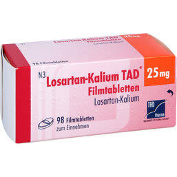 Abbildung: Losartan Kalium TAD 25mg Filmtabletten 98 St, Filmtabletten PZN 09191579