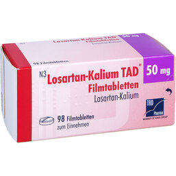 Abbildung: Losartan Kalium TAD 50mg Filmtabletten 98 St, Filmtabletten PZN 09191616
