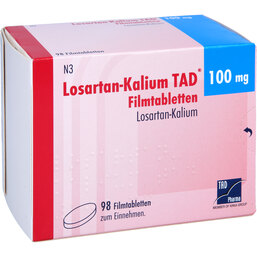 Abbildung: Losartan Kalium TAD 100mg Filmtabletten 98 St, Filmtabletten PZN 09191639