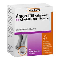 Abbildung: Amorolfin ratiopharm 5% wirkstoffhaltig.Nagellack Wirkstoffhaltiger Nagellack, 3 ml PZN 09199173