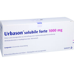 Abbildung: Urbason solubile forte 1000 mg Trockensubstanz 5 St, Pulver u Lösungsm. z. Herst. e.Injektions- bzw. Infusionsl. PZN 09221292
