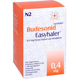 Abbildung: Budesonid Easyhaler 0,4 mg 100 Hub Inhalationspulver 2 St, Inhalationspulver PZN 09235064