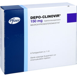 Abbildung: Depo Clinovir 150 mg Injektionssuspension in einer Fertigspritze 6 St, Fertigspritzen PZN 09252358