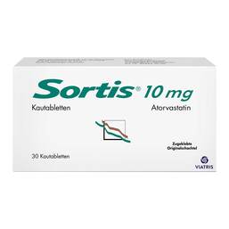 Abbildung: Sortis 10 mg Kautabletten 30 St, Kautabletten PZN 09252401