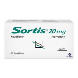 Abbildung: Sortis 20 mg Kautabletten 30 St, Kautabletten PZN 09252418