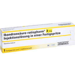 Abbildung: Ibandronsäure ratiopharm 3 mg Injektionslösung i.e.Fert.-S. 1 St, Injektionslösung in einer Fertigspritze PZN 09285346