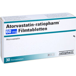 Abbildung: Atorvastatin ratiopharm 60 mg Filmtabletten 30 St, Filmtabletten PZN 09292903