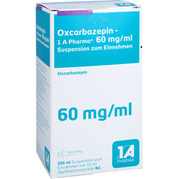 Abbildung: Oxcarbazepin 1A Pharma 60 mg / ml Suspen.zum Einnehmen 250 ml, Suspension zum Einnehmen PZN 09318413