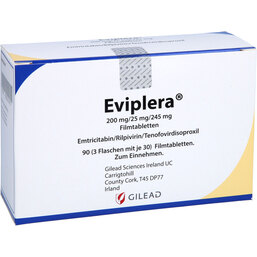 Abbildung: Eviplera 200 mg / 25 mg / 245 mg Filmtabletten 3X30 St, Filmtabletten PZN 09321817