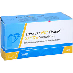Abbildung: Losartan HCT Dexcel 100 / 25mg Filmtabletten 98 St, Filmtabletten PZN 09333625