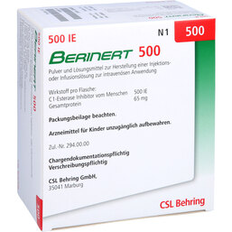 Abbildung: Berinert 500 E. Trockensubstanz mit Lösungsmittel 1 St, Pulver u Lösungsm. z. Herst. e.Injektions- bzw. Infusionsl. PZN 09390296