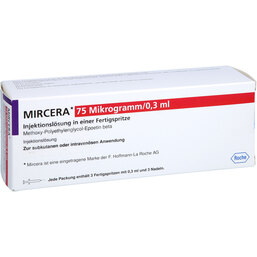 Abbildung: Mircera 75 Mikrogramm / 0,3 ml Injektionslösung i.e.Fert.-S. 3 St, Injektionslösung in einer Fertigspritze PZN 09393030