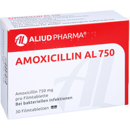 Abbildung: Amoxicillin AL 750 Filmtabletten 30 St, Filmtabletten PZN 09424411