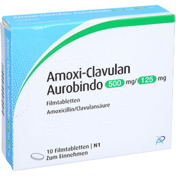 Abbildung: Amoxi Clavulan Aurobindo 500mg / 125mg Filmtabletten 10 St, Filmtabletten PZN 09425327
