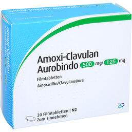 Abbildung: Amoxi Clavulan Aurobindo 500mg / 125mg Filmtabletten 20 St, Filmtabletten PZN 09425333