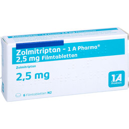 Abbildung: Zolmitriptan 1A Pharma 2,5 mg Filmtabletten 6 St, Filmtabletten PZN 09427361