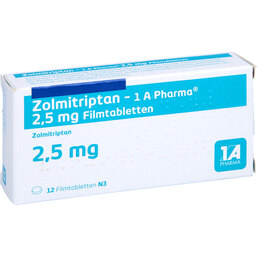 Abbildung: Zolmitriptan 1A Pharma 2,5 mg Filmtabletten 12 St, Filmtabletten PZN 09427378
