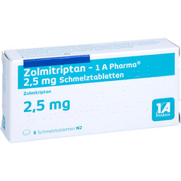 Abbildung: Zolmitriptan 1A Pharma 2,5 mg Schmelztabletten 6 St, Schmelztabletten PZN 09427421