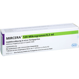 Abbildung: Mircera 120 Mikrogramm / 0,3 ml Injektionslösung i.e.F.-Sp. 1 St, Injektionslösung in einer Fertigspritze PZN 09460861
