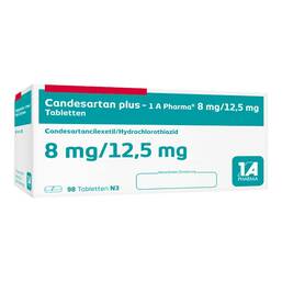 Abbildung: Candesartan plus 1A Pharma 8 mg / 12,5 mg Tabletten 98 St, Tabletten PZN 09519850