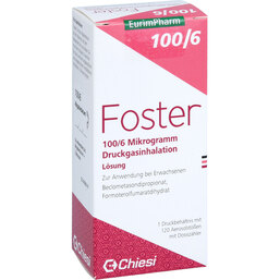 Abbildung: Foster 100 / 6 µg 120 Hub Dosieraerosol 1 St, Dosieraerosol PZN 09607761