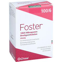 Abbildung: Foster 100 / 6 µg 120 Hub Dosieraerosol 2 St, Dosieraerosol PZN 09607778
