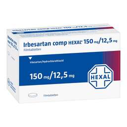 Abbildung: Irbesartan comp Hexal 150 mg / 12,5 mg Filmtabletten 28 St, Filmtabletten PZN 09672020