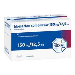 Abbildung: Irbesartan comp Hexal 150 mg / 12,5 mg Filmtabletten 56 St, Filmtabletten PZN 09672043