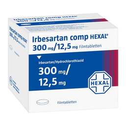 Abbildung: Irbesartan comp Hexal 300 mg / 12,5 mg Filmtabletten 28 St, Filmtabletten PZN 09672089
