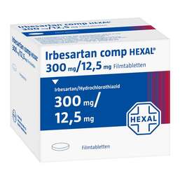 Abbildung: Irbesartan comp Hexal 300 mg / 12,5 mg Filmtabletten 98 St, Filmtabletten PZN 09672103