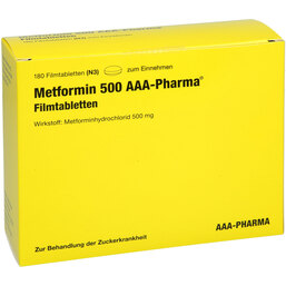 Abbildung: Metformin 500 mg AAA Pharma Filmtabletten 180 St, Filmtabletten PZN 09711688