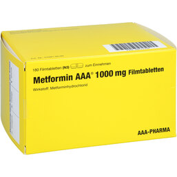 Abbildung: Metformin 1000 mg AAA Pharma Filmtabletten 180 St, Filmtabletten PZN 09711702