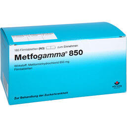 Abbildung: Metfogamma 850 mg Filmtabletten 180 St, Filmtabletten PZN 09718147