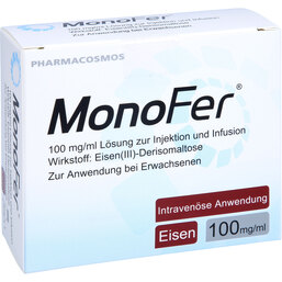 Abbildung: Monofer 100 mg / ml Lösung z.Injektion / Infus.Durchst.F. 1X5 ml, Injektions-/Infusionslösung PZN 09759399