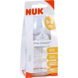 Abbildung: NUK First Choice + Glasflasche Silikonsaug.Größe 1 S 120 ml 1 St PZN 09925366