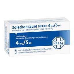 Abbildung: Zoledronsäure Hexal 4 mg / 5 ml Infusionslösung -Konzentrat 4 St, Infusionslösungskonzentrat PZN 09929157