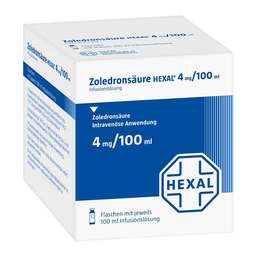 Abbildung: Zoledronsäure Hexal 4 mg / 100 ml Infusionslösung 4 St, Infusionslösung PZN 09929192