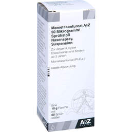 Abbildung: Mometasonfuroat AbZ 50 µg / Sprühstoß Nasenspray Suspension 10 g, Nasendosierspray PZN 10005398