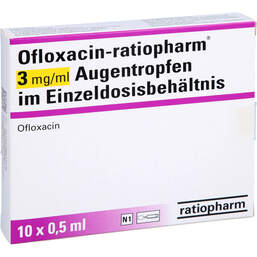 Abbildung: Ofloxacin ratiopharm 3 mg / ml Atr.i.Einzeldosisbeh. 10X0.5 ml, Augentropfen PZN 10041767