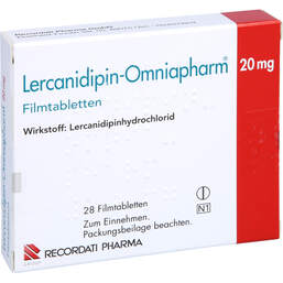 Abbildung: Lercanidipin Omniapharm 20 mg Filmtabletten 28 St, Filmtabletten PZN 10042229