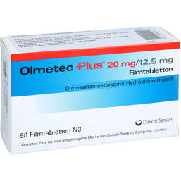 Abbildung: Olmetec Plus 20 mg / 12,5 mg Filmtabletten 98 St, Filmtabletten PZN 10045067