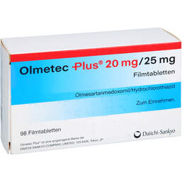 Abbildung: Olmetec Plus 20 mg / 25 mg Filmtabletten 98 St, Filmtabletten PZN 10045104