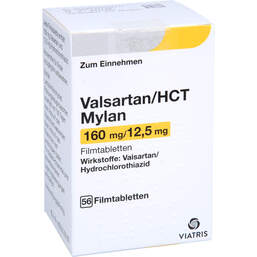 Abbildung: Valsartan / HCT Mylan 160 mg / 12,5 mg Filmtabletten 56 St, Filmtabletten PZN 10054971