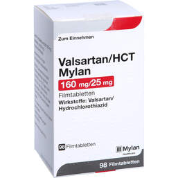 Abbildung: Valsartan / HCT Mylan 160 mg / 25 mg Filmtabletten 98 St, Filmtabletten PZN 10055002