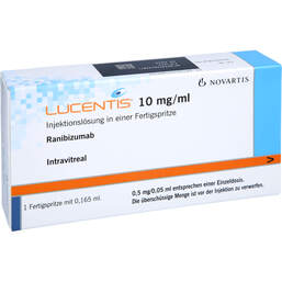 Abbildung: Lucentis 10 mg / ml Injektionslösung 1,65 mg Fertigspritze 1 St, Injektionslösung PZN 10108939