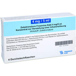 Abbildung: Zoledronsäure Fresenius Kabi 4 mg / 5 ml Infusionslösung-Konzentrat 4 St, Infusionslösungskonzentrat PZN 10125346