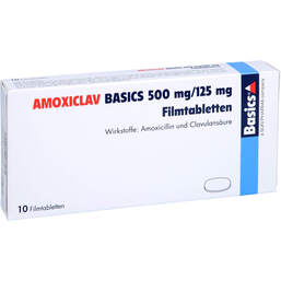 Abbildung: Amoxiclav Basics 500 mg / 125 mg Filmtabletten 10 St, Filmtabletten PZN 10130117